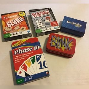 LOT OF 5 CARD GAMES EUC SCRABBLE PICTUREKA PHASE 10 BLINK DRAW PARTY KIDS AFULTS